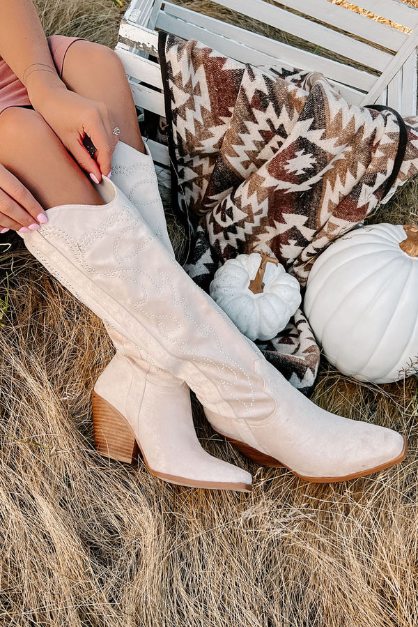 Celara Faux Suede Studded Billini Cowboy Boots (Cream Suede) - NanaMacs