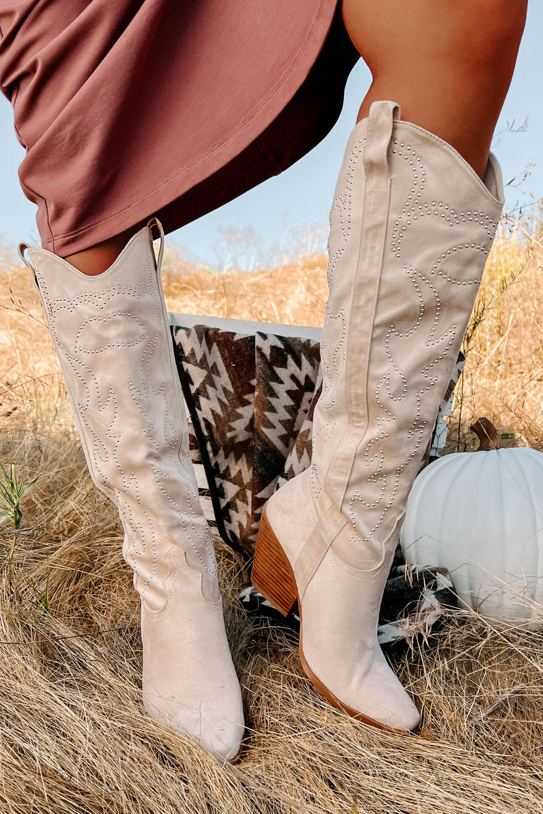 Celara Faux Suede Studded Billini Cowboy Boots (Cream Suede) - NanaMacs