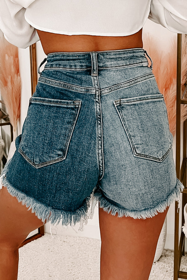 "Two Sided" Raw Hem Risen Two-Tone Denim Shorts (Blue Combo) - NanaMacs