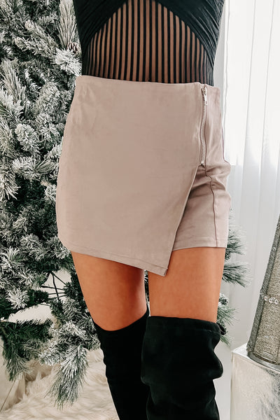 Intriguing Beauty Zipper Front Faux Suede Skort (Light Mocha) - NanaMacs