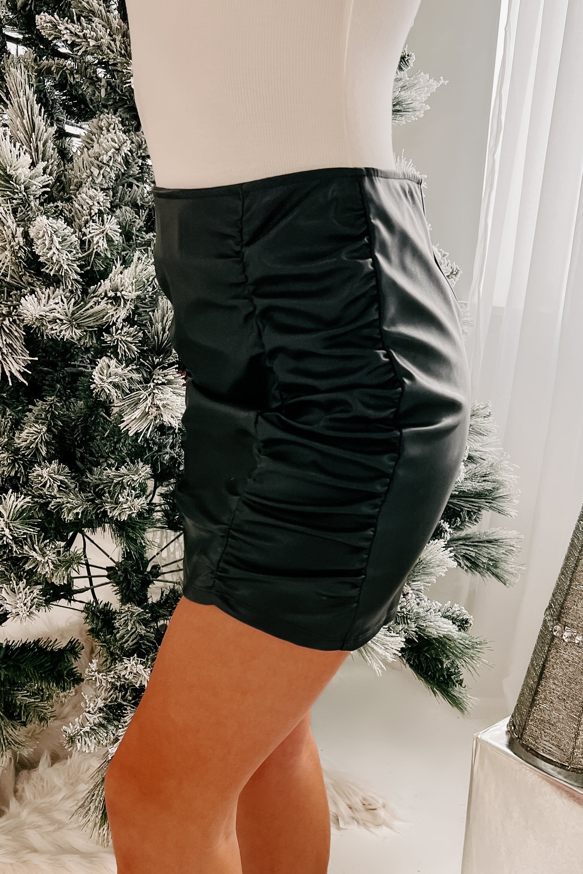 Drive You Insane Ruched Faux Leather Mini Skirt (Black) - NanaMacs