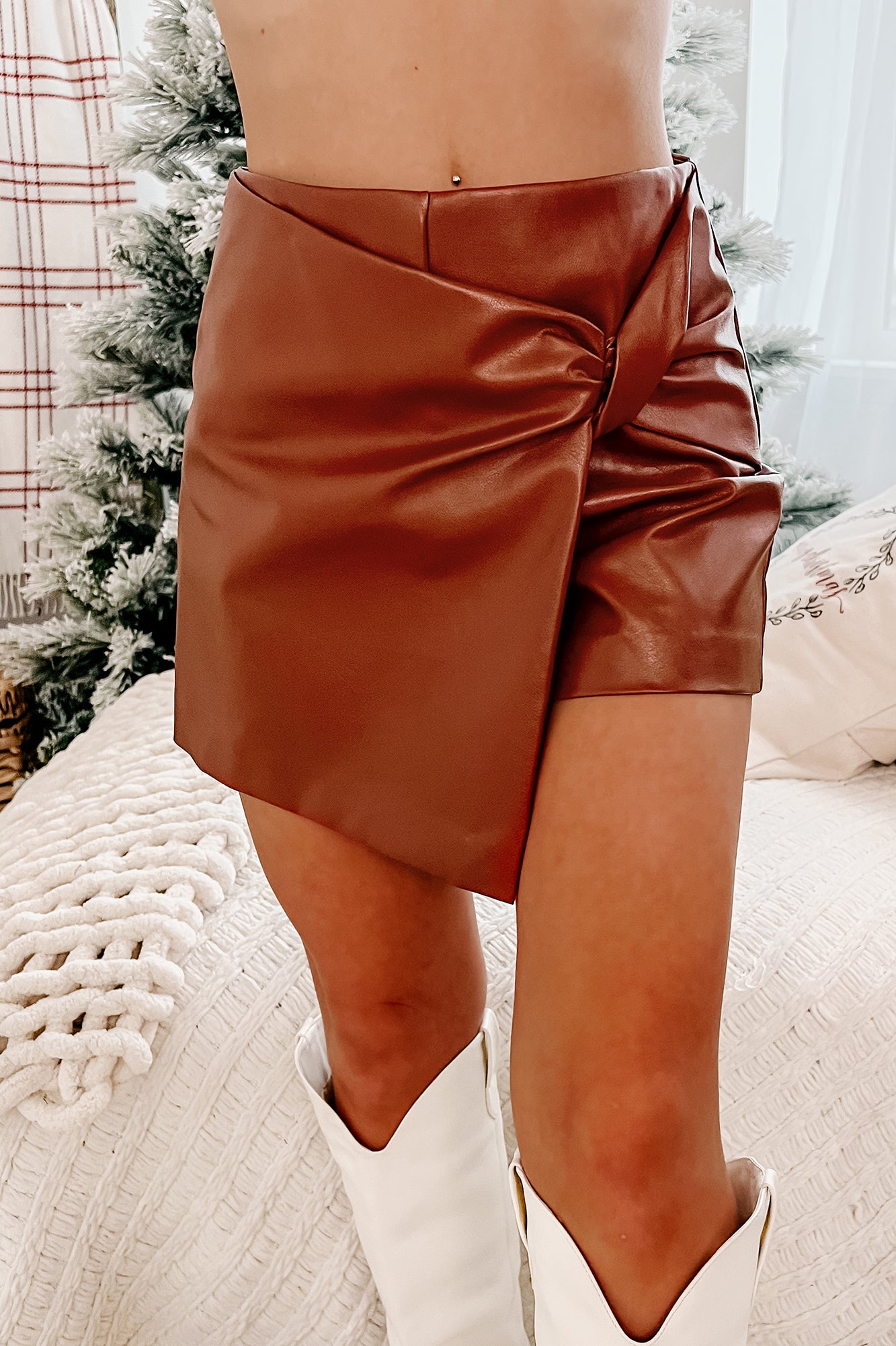 Tainted Love Twist-Front Faux Leather Skort (Camel) - NanaMacs