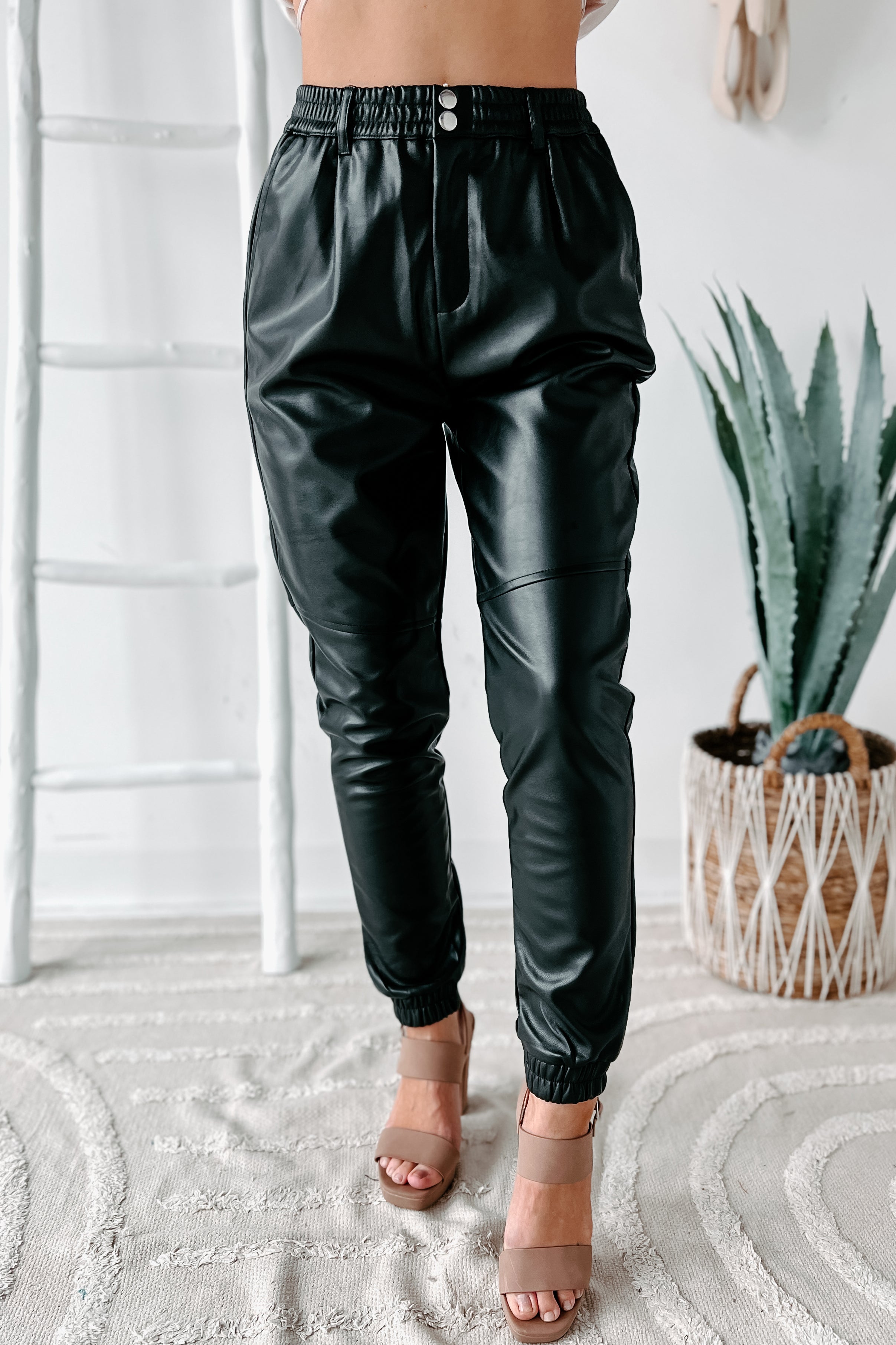 Acting Up High Waisted Faux Leather Joggers Black NanaMacs