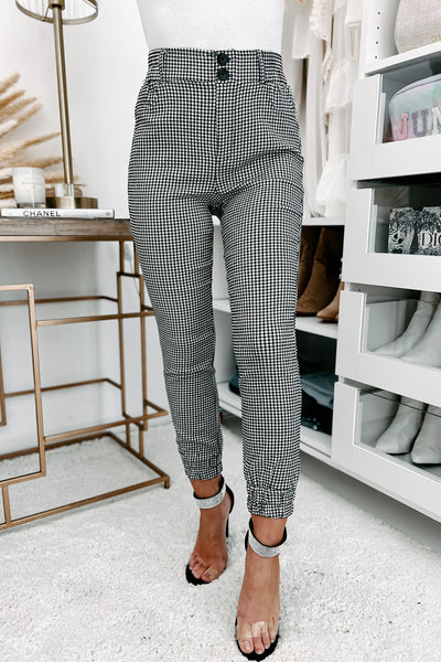 Check Back Later High Rise Houndstooth Print Joggers (Black) - NanaMacs