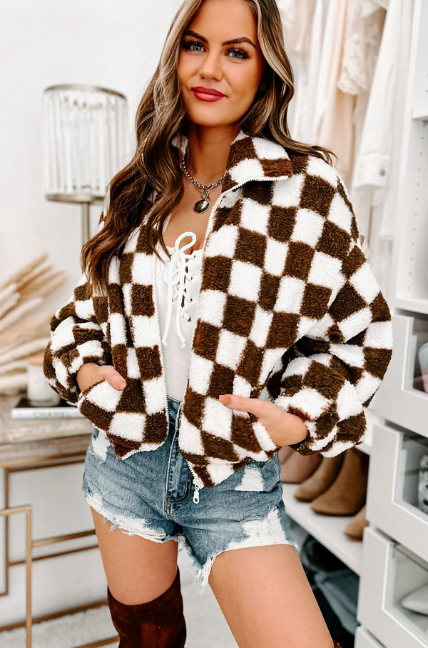 Checking The Boxes Checker Print Teddy Jacket (Brown/White) - NanaMacs