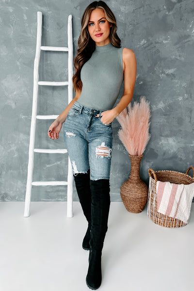 Modern Expression Ribbed Mock Neck Bodysuit (Light Olive) - NanaMacs