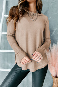 Rikki Raw Edged Waffle Knit Top (Taupe) - NanaMacs