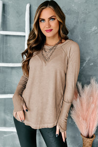 Rikki Raw Edged Waffle Knit Top (Taupe) - NanaMacs