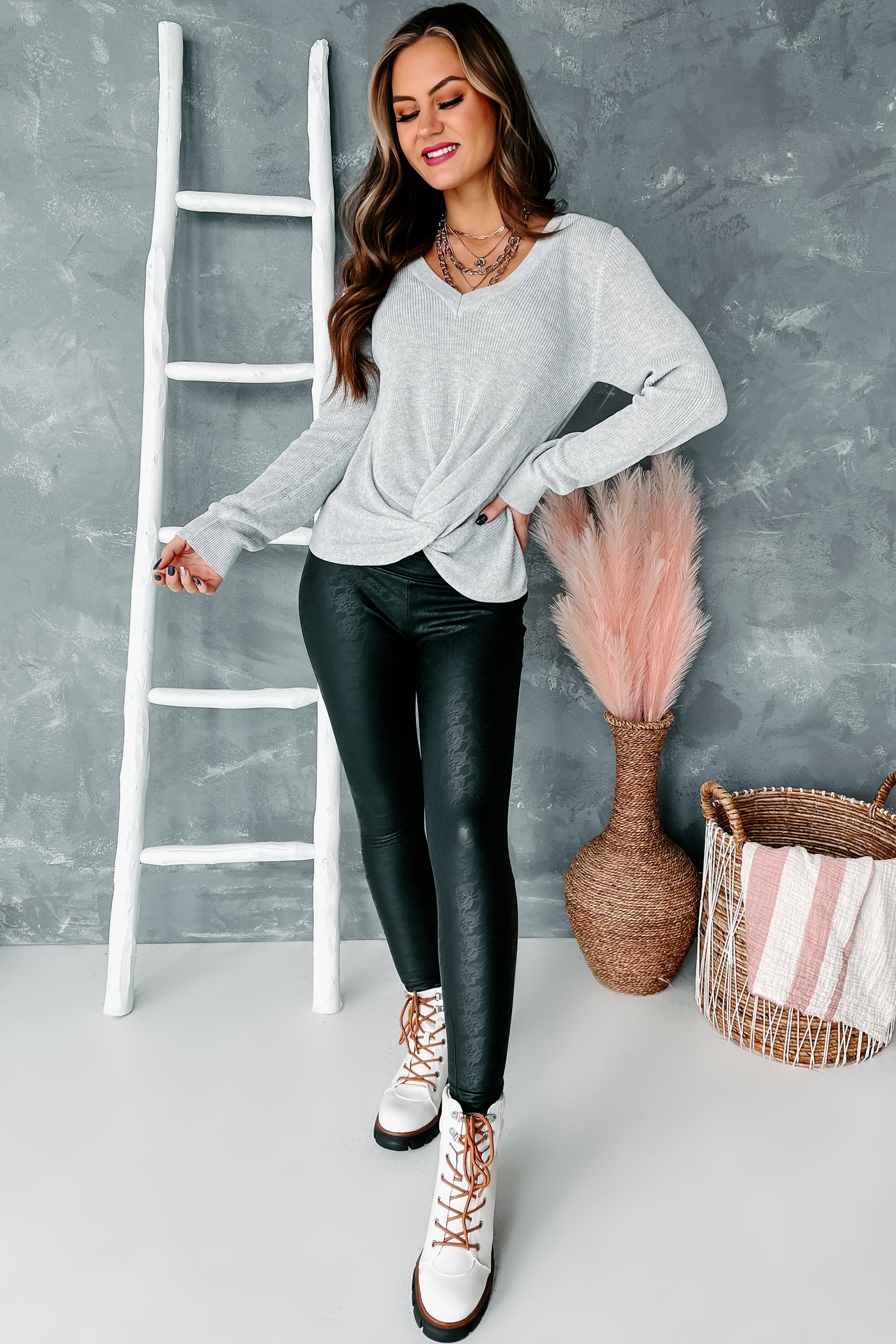 All In Wonder Twist Knot Long Sleeve Top (Grey) - NanaMacs