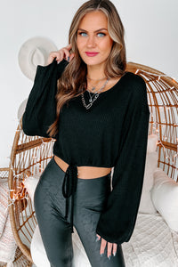 Jackson Long Sleeve Cropped Top With Drawstring Hem (Black) - NanaMacs