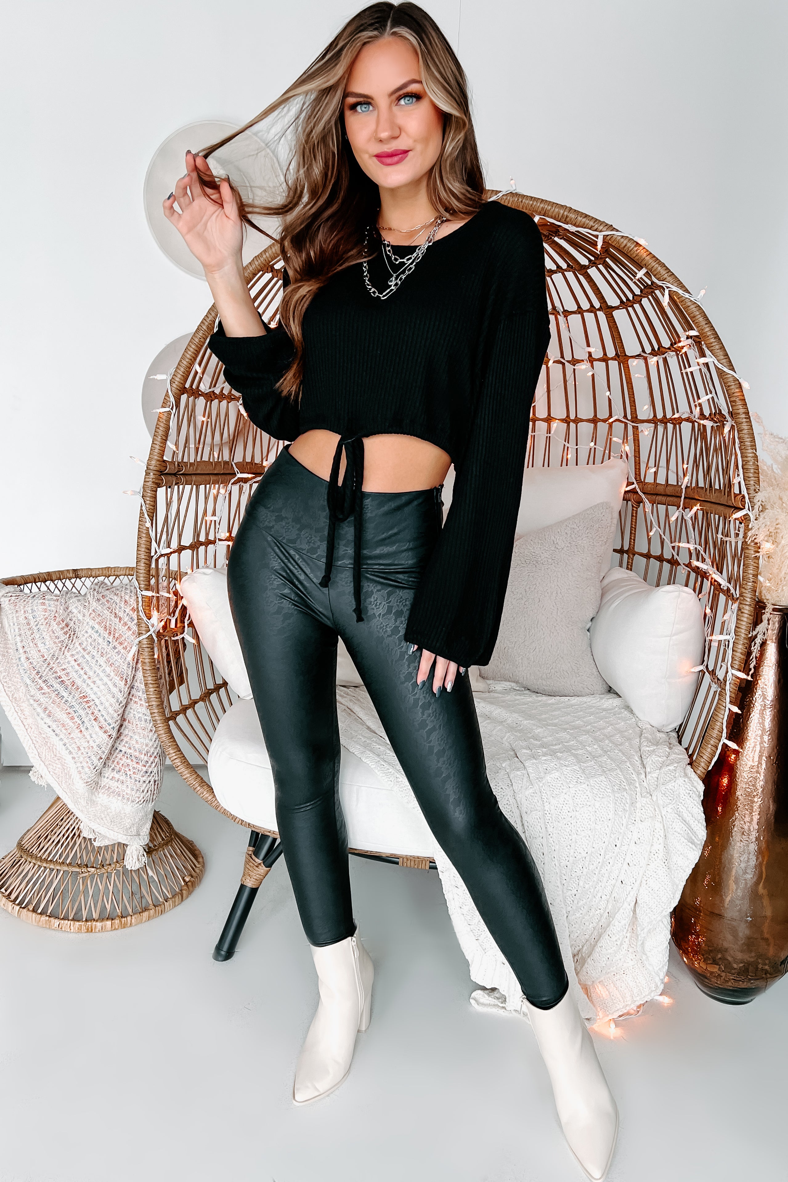 Jackson Long Sleeve Cropped Top With Drawstring Hem (Black) - NanaMacs