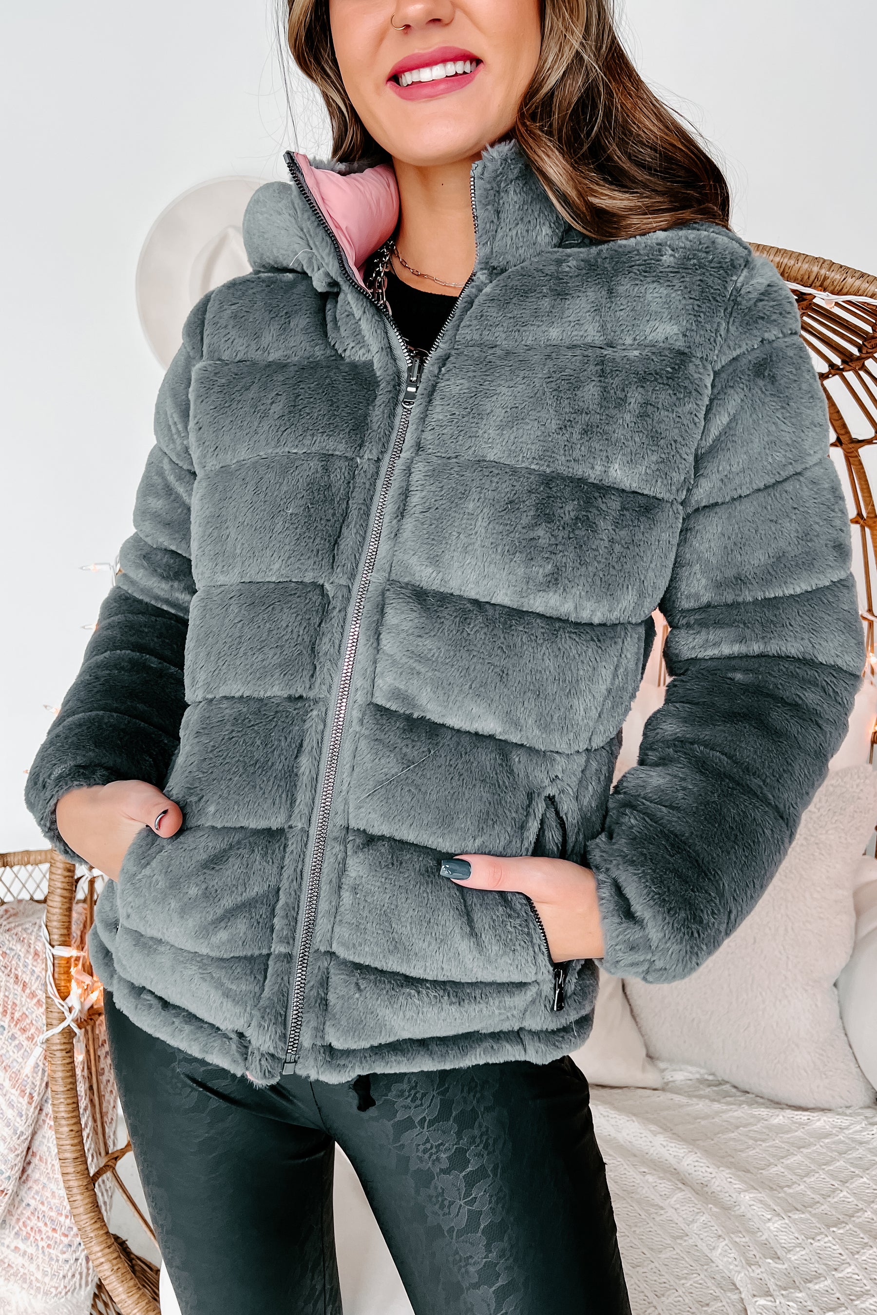 Winter Retreat Reversible Puffer Coat (Dark Grey/Mauve) - NanaMacs