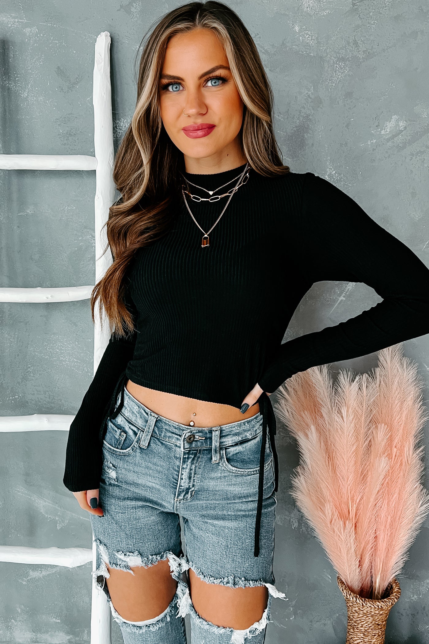 Make Your Mark Ruched Long Sleeve Top (Black) - NanaMacs