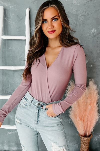 Mya Long Sleeve Surplice Bodysuit (Mauve) - NanaMacs