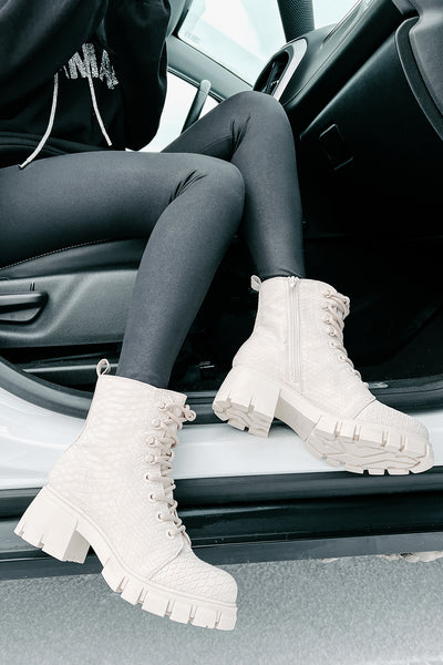 Cold Blooded Textured Snake Pattern Combat Booties (Ivory) - NanaMacs