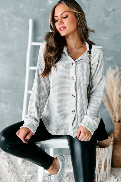 Comforting Moments Chenille Knit Button-Down Top (Silver) - NanaMacs