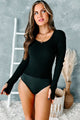 Alora Ribbed T-Back Bodysuit (Black) - NanaMacs