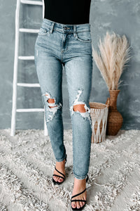 Breanna Distressed Mid Rise Sneak Peek Jeans (Medium Dark) - NanaMacs
