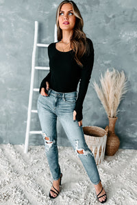 Breanna Distressed Mid Rise Sneak Peek Jeans (Medium Dark) - NanaMacs