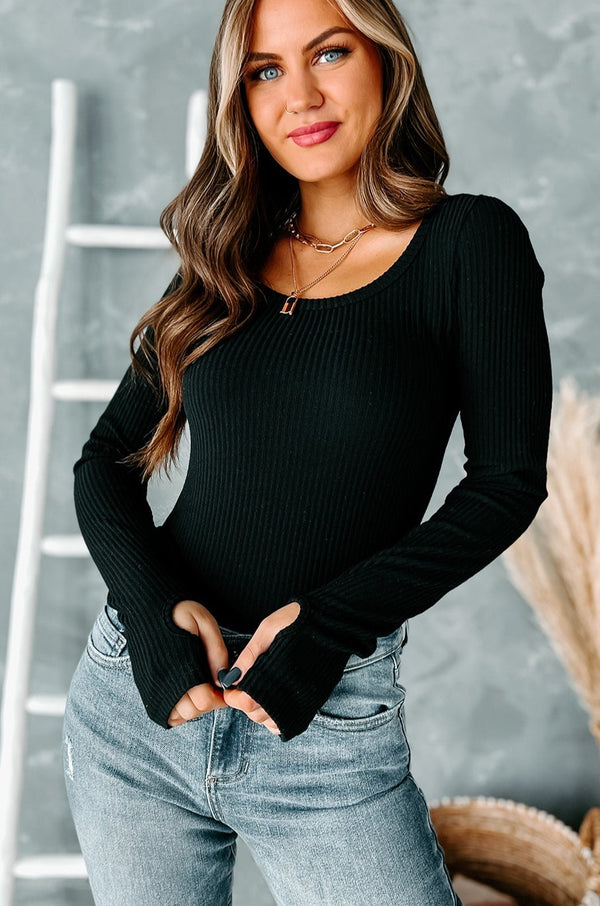 Alora Ribbed T-Back Bodysuit (Black) - NanaMacs