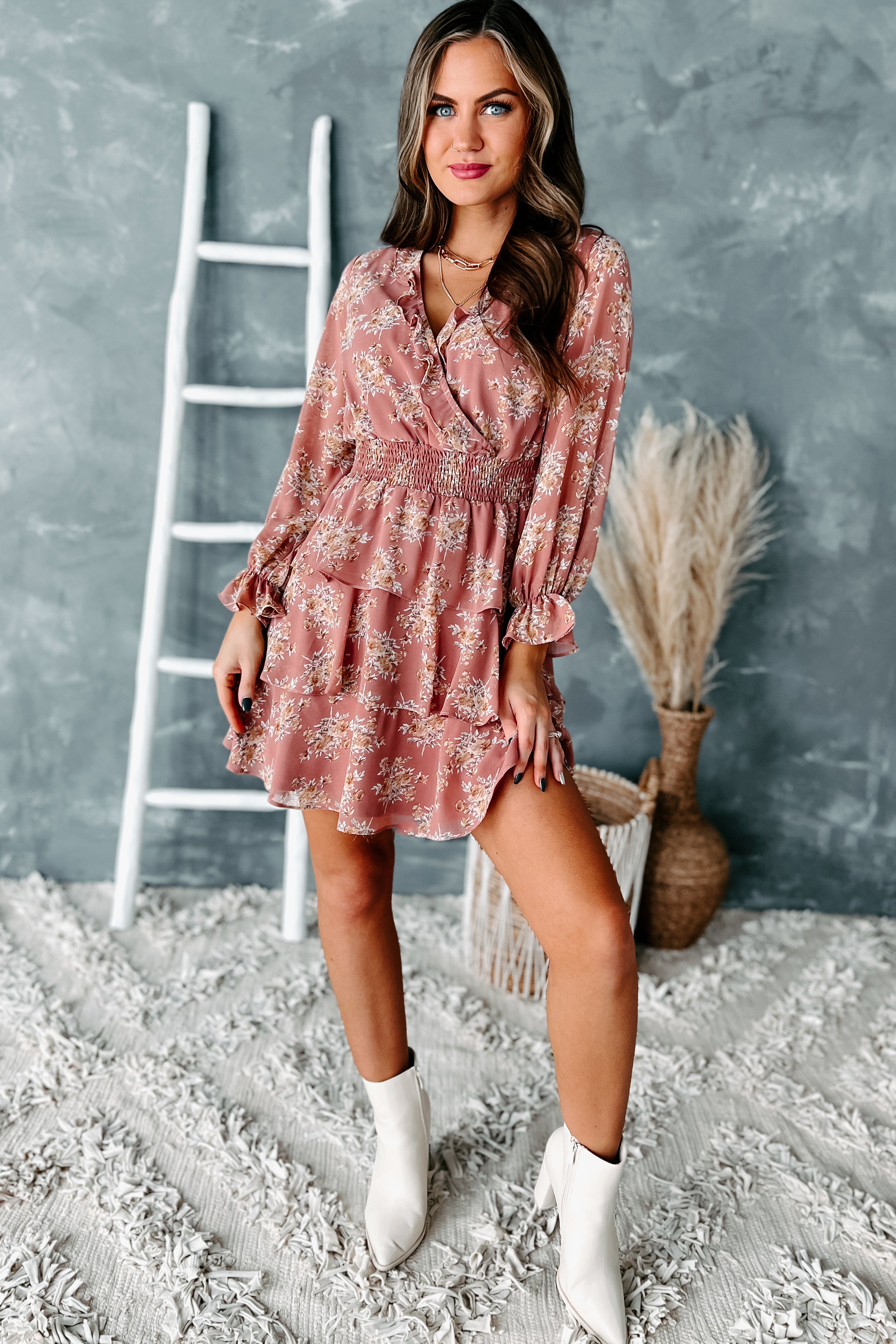 Delaney Tiered Floral Mini Dress (Dusty Rose) - NanaMacs