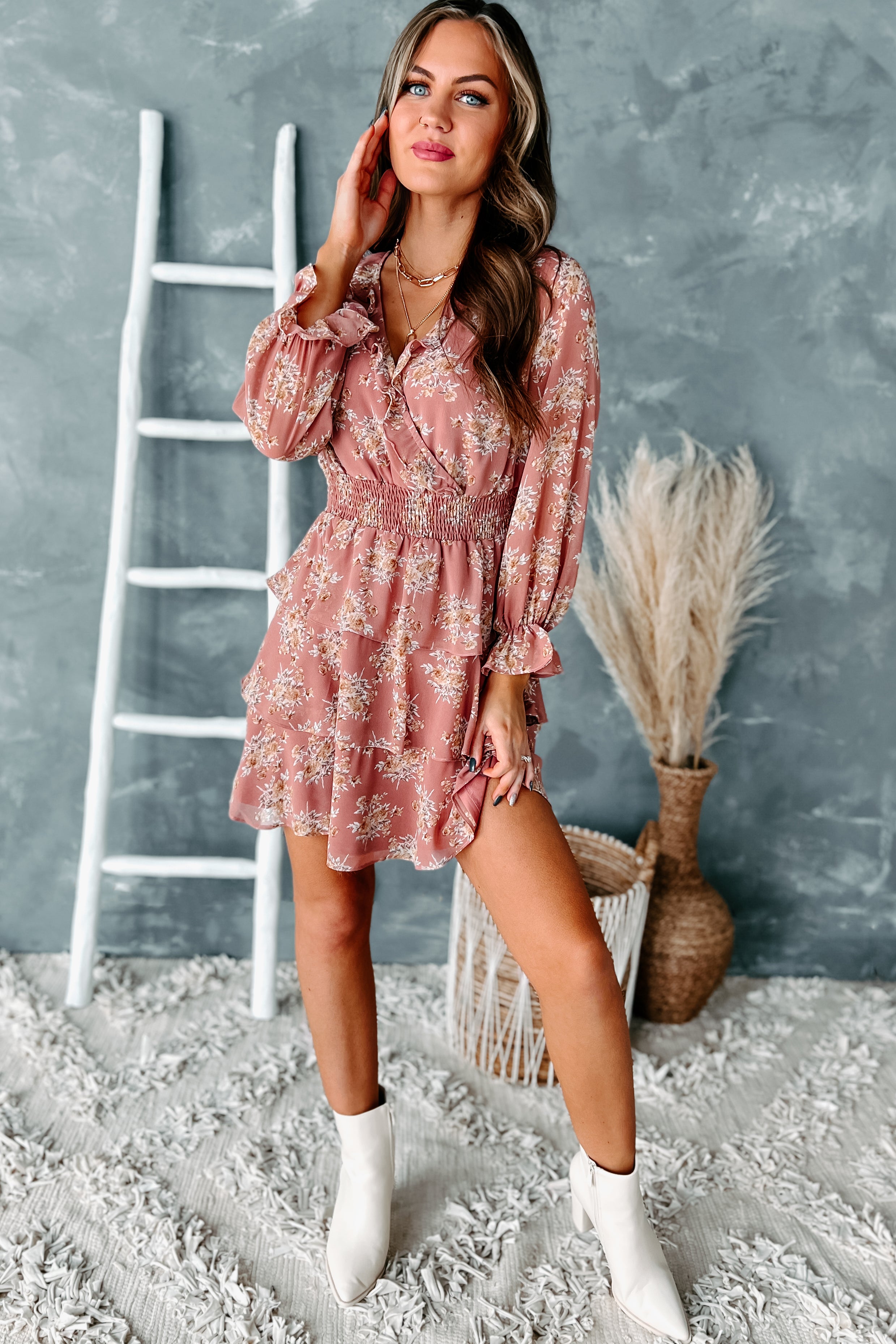 Delaney Tiered Floral Mini Dress (Dusty Rose) - NanaMacs