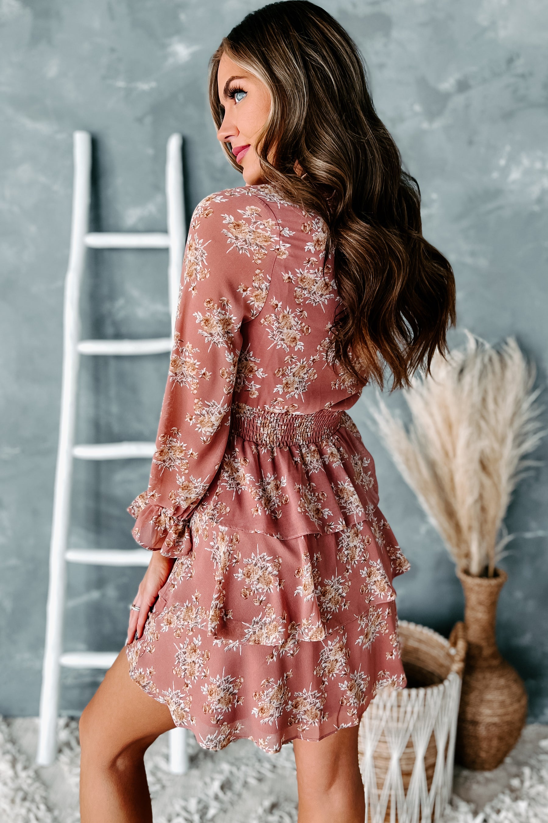 Delaney Tiered Floral Mini Dress (Dusty Rose) - NanaMacs