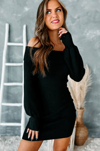 Ready For Tonight Off The Shoulder Ribbed Sweater Dress (Black) - NanaMacs