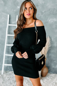 Ready For Tonight Off The Shoulder Ribbed Sweater Dress (Black) - NanaMacs