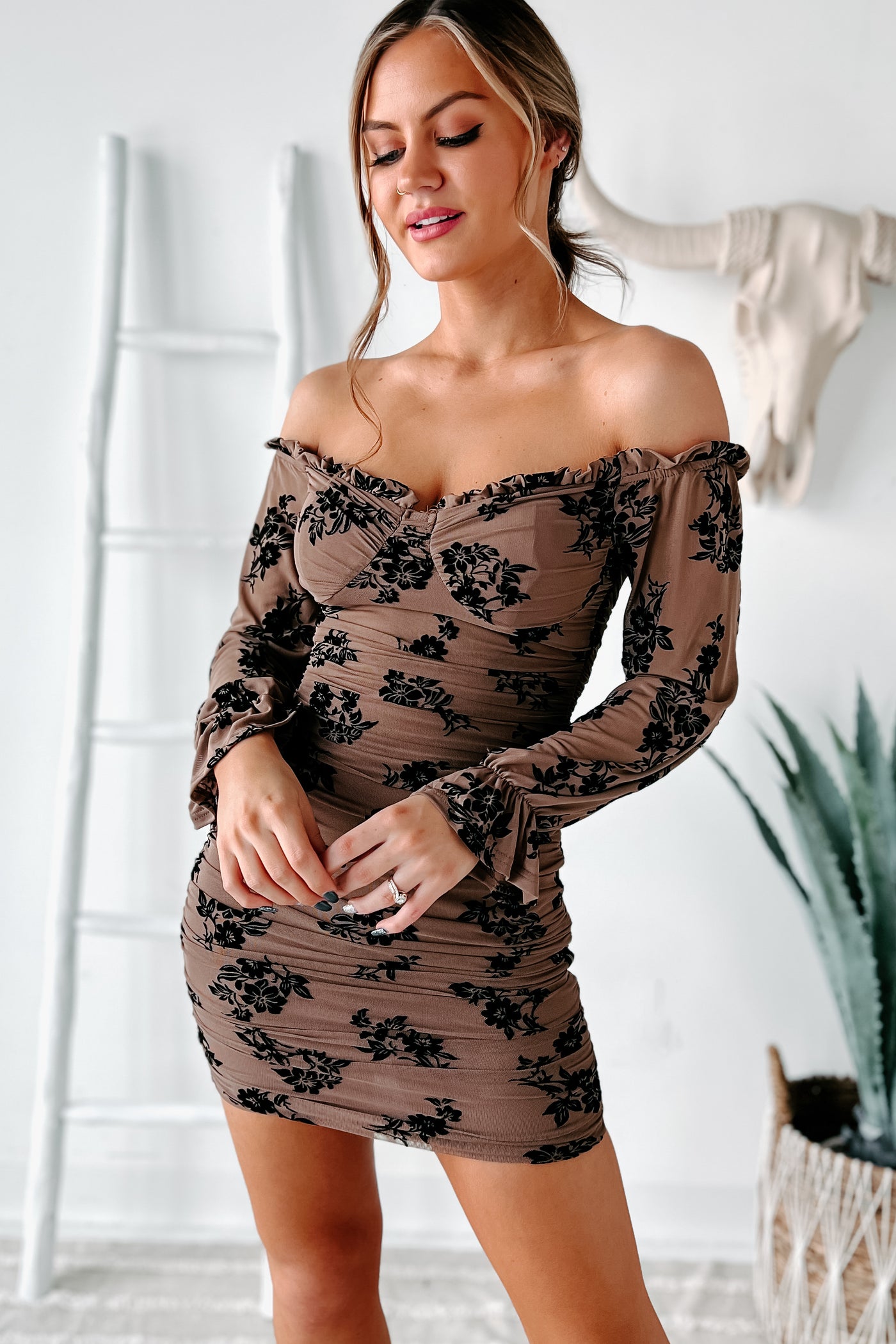 Sweet Heart Of Mine Off The Shoulder Ruched Floral Bodycon (Mocha) - NanaMacs