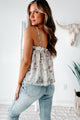 Galina Printed Ruffle Tank Top (White/Peach Multi) - NanaMacs