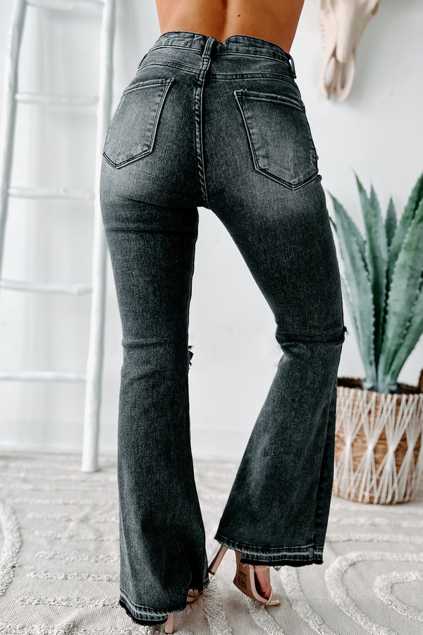 Nessa High Rise Distressed Risen Flare Jeans (Black) - NanaMacs