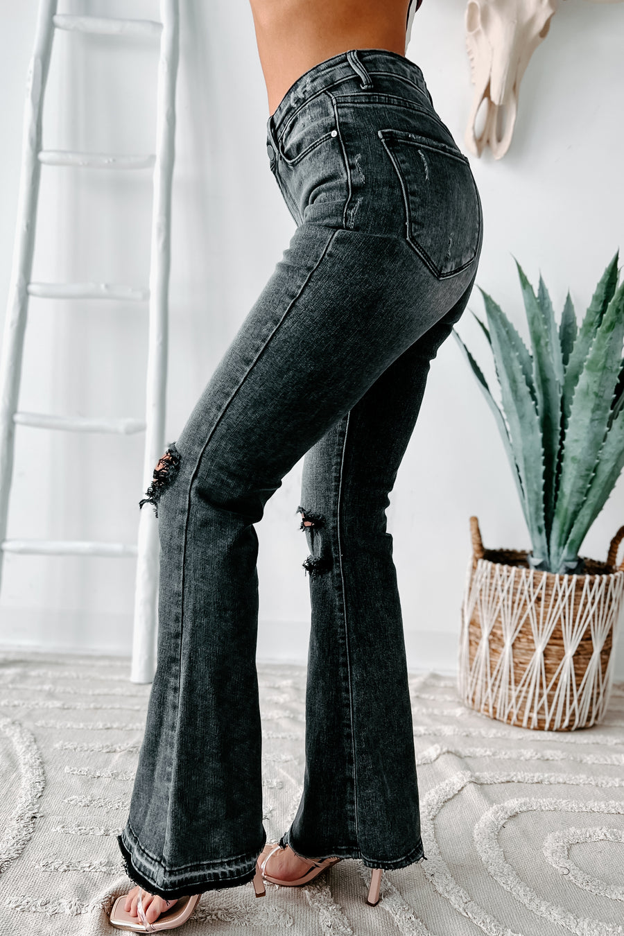 Nessa High Rise Distressed Risen Flare Jeans (Black) - NanaMacs