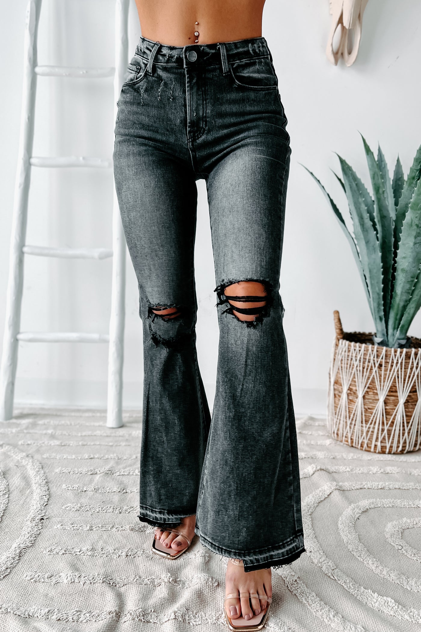 Nessa High Rise Distressed Risen Flare Jeans (Black) · NanaMacs