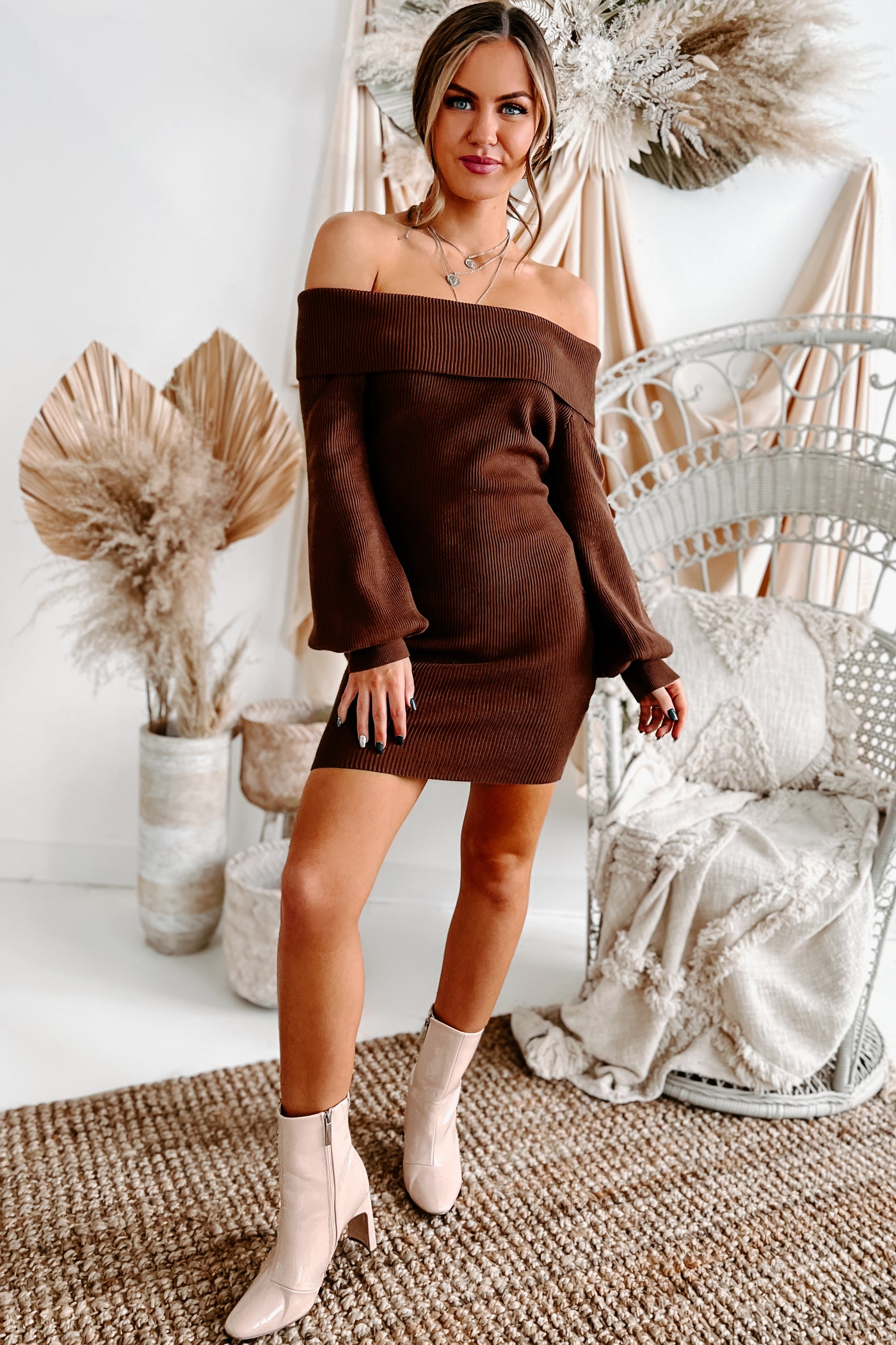 Ready For Tonight Off The Shoulder Ribbed Sweater Dress (Brown) - NanaMacs