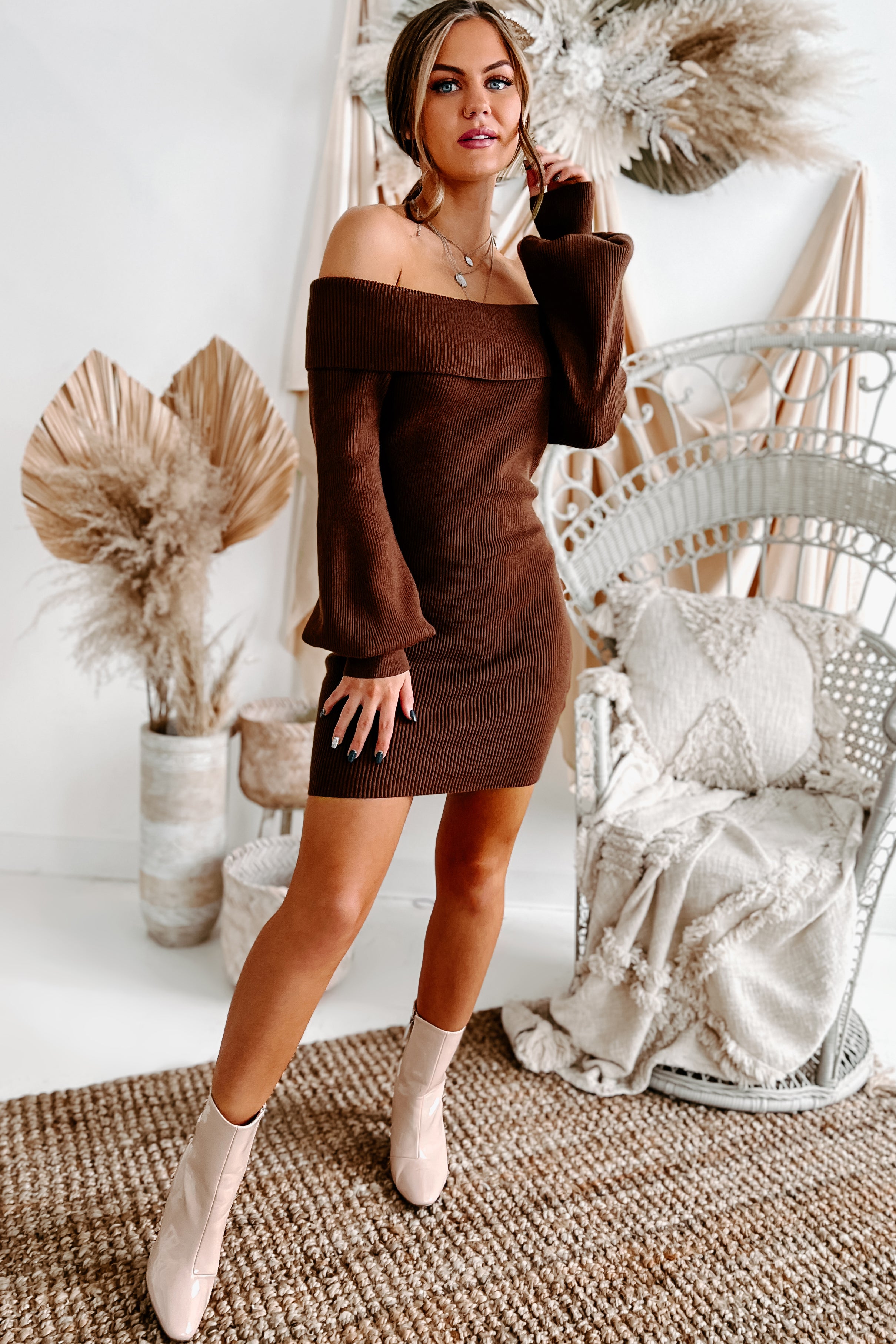 Ready For Tonight Off The Shoulder Ribbed Sweater Dress (Brown