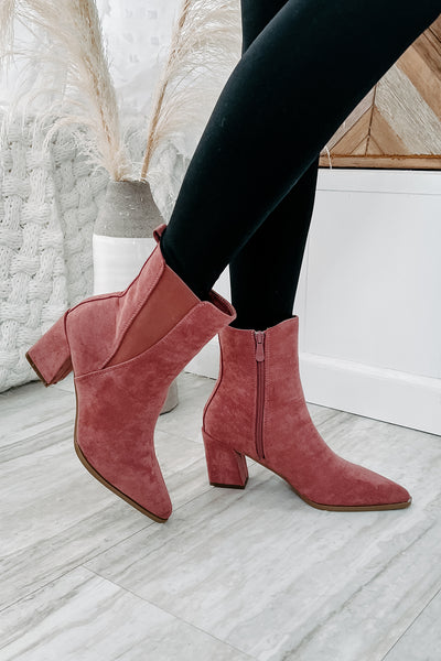 Vibin' Around Faux Suede Pointed Toe Booties (Dark Blush) - NanaMacs