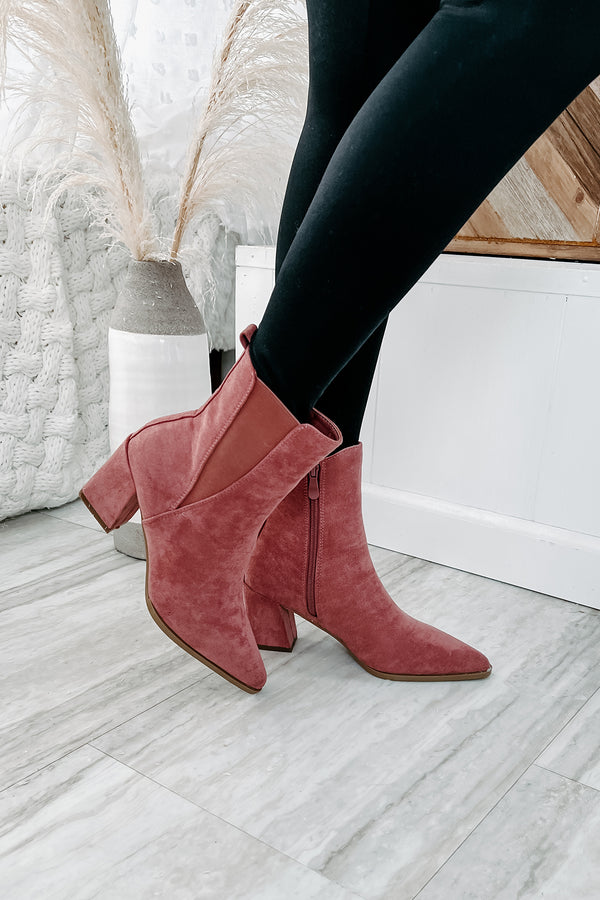 Vibin' Around Faux Suede Pointed Toe Booties (Dark Blush) - NanaMacs