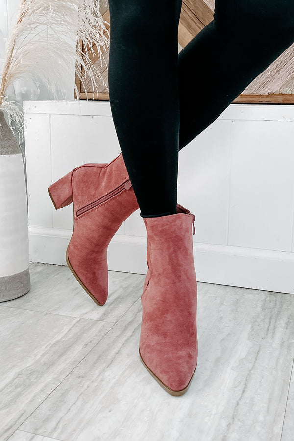 Vibin' Around Faux Suede Pointed Toe Booties (Dark Blush) - NanaMacs