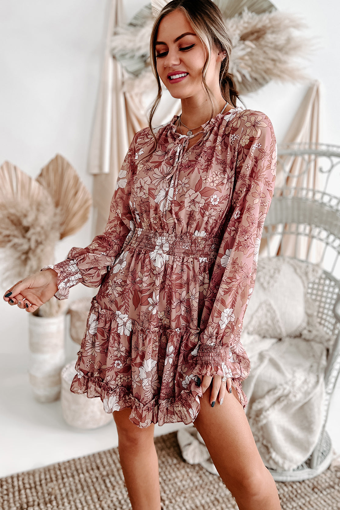 Let Love Grow Long Sleeve Floral Mini Dress (Dusty Mauve Multi) - NanaMacs