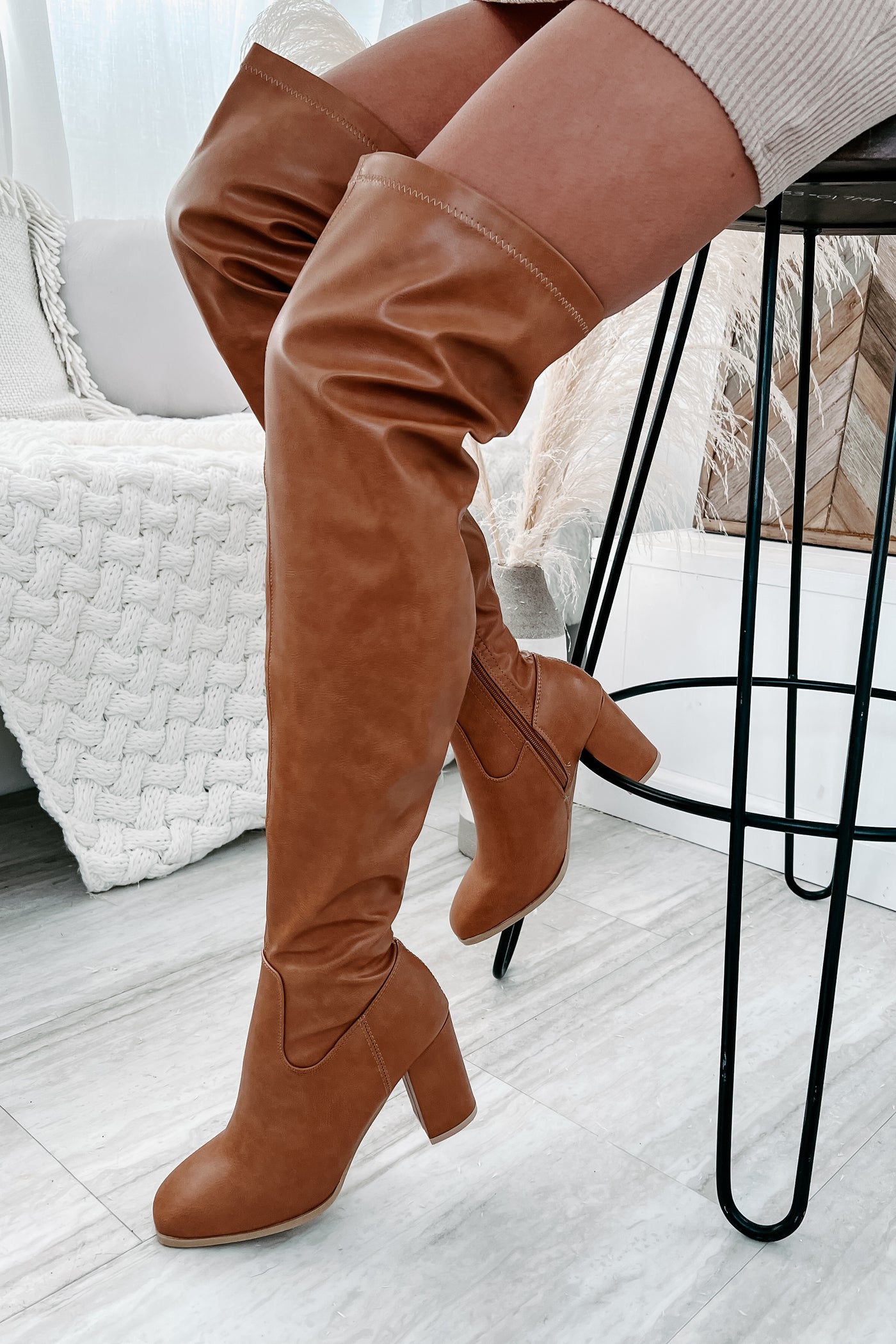 Upping My Game Faux Leather Over Knee Boots (Tan) - NanaMacs