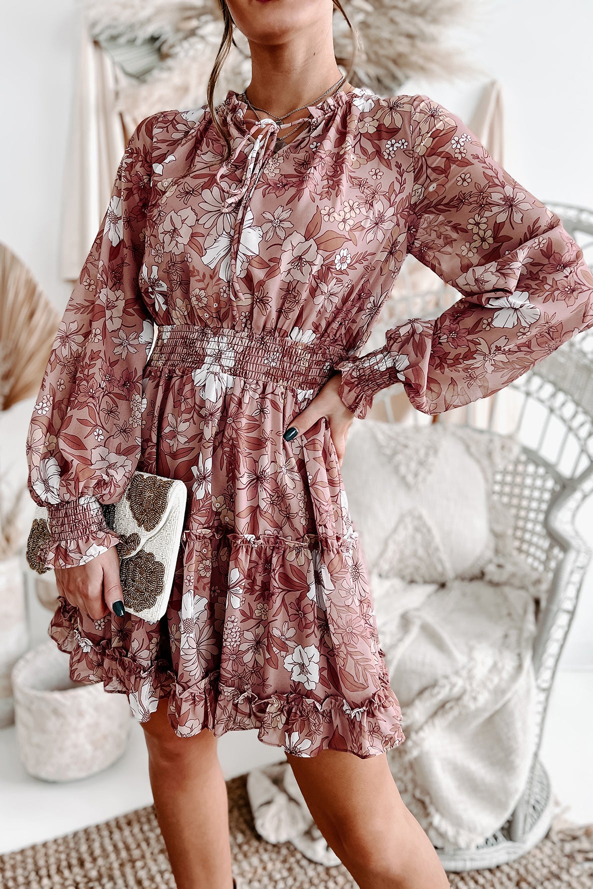 Let Love Grow Long Sleeve Floral Mini Dress (Dusty Mauve Multi) - NanaMacs