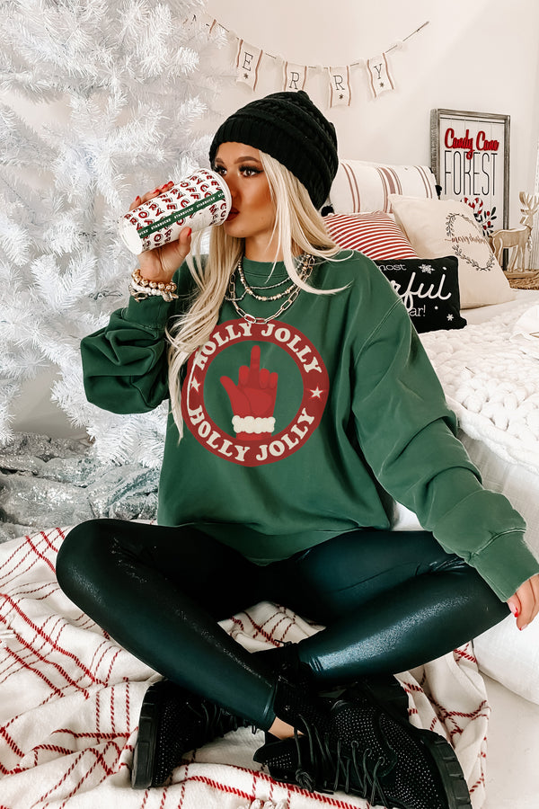 "Holly Jolly" Middle Finger Heavyweight Graphic Sweatshirt (Alpine Green) - Print On Demand - NanaMacs