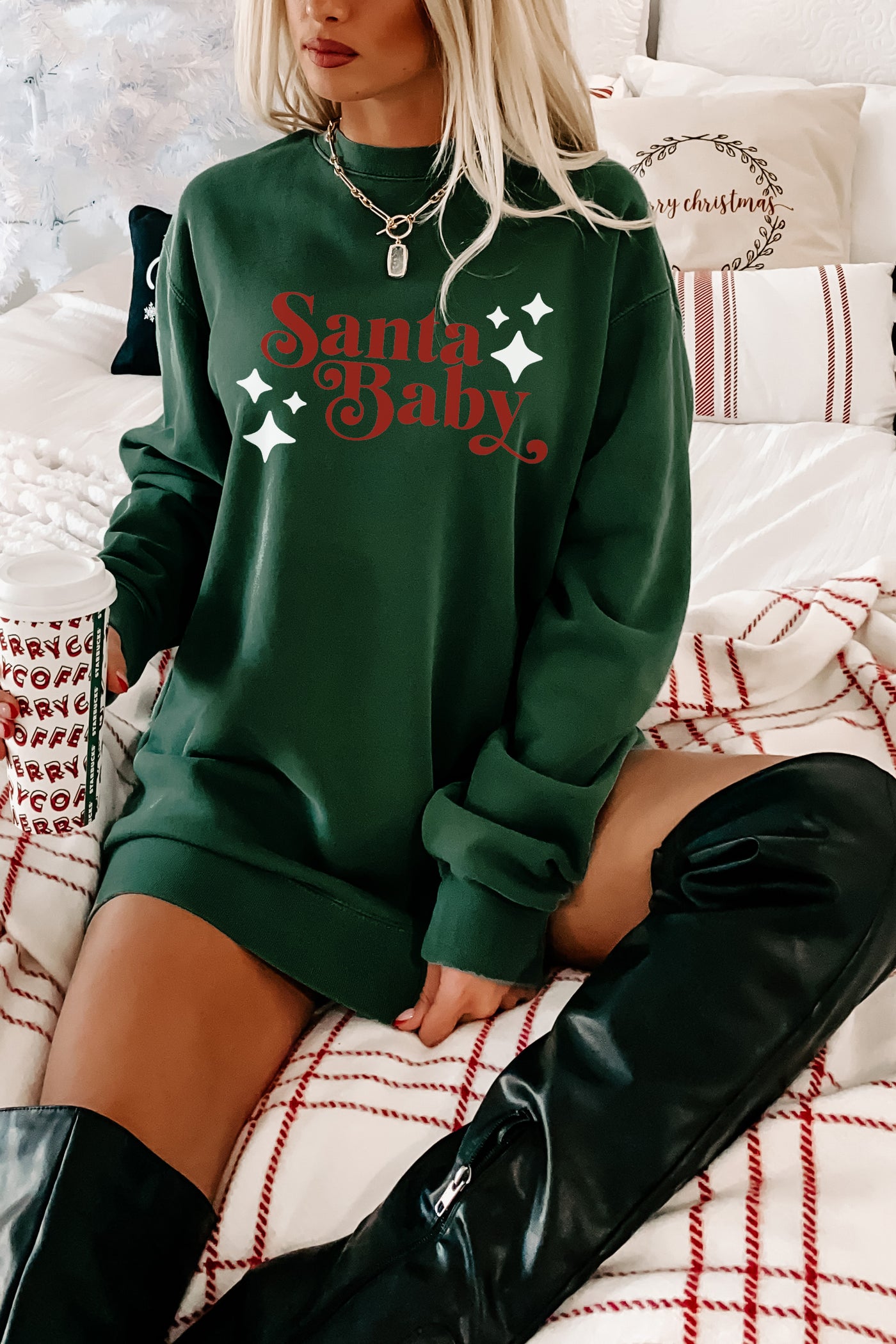 "Santa Baby" Heavyweight Graphic Crewneck Sweatshirt (Alpine Green) - Print On Demand - NanaMacs