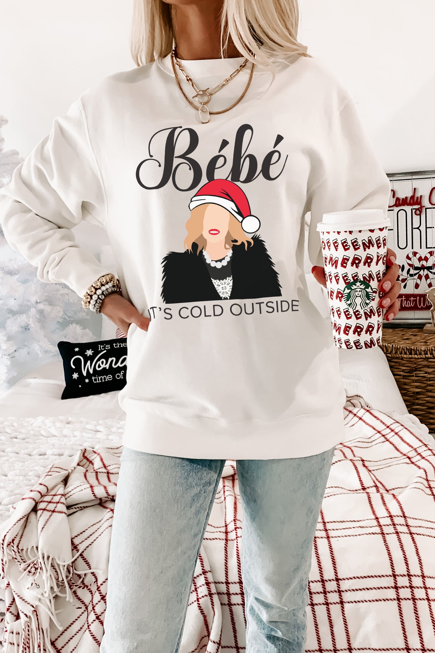 "Bebe It's Cold Outside" Graphic Crewneck (White) - Print On Demand - NanaMacs