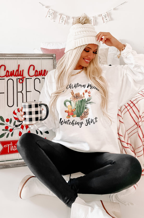 "My Christmas Movie Watching Shirt" Graphic Sweatshirt (White) - Print On Demand - NanaMacs