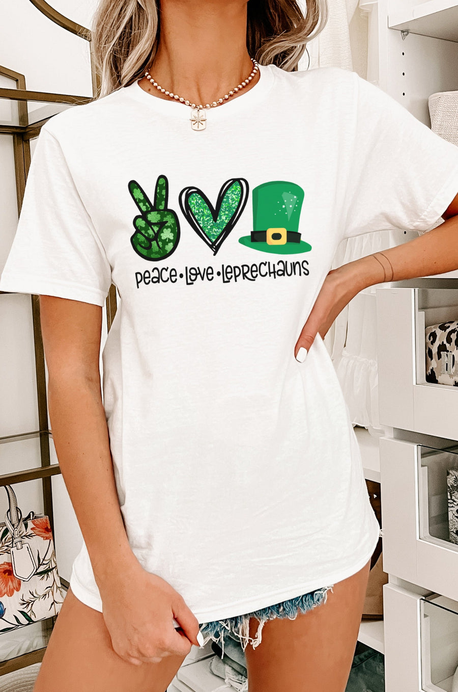 "Peace, Love, & Leprechauns" Graphic T-Shirt (White) - Print On Demand - NanaMacs