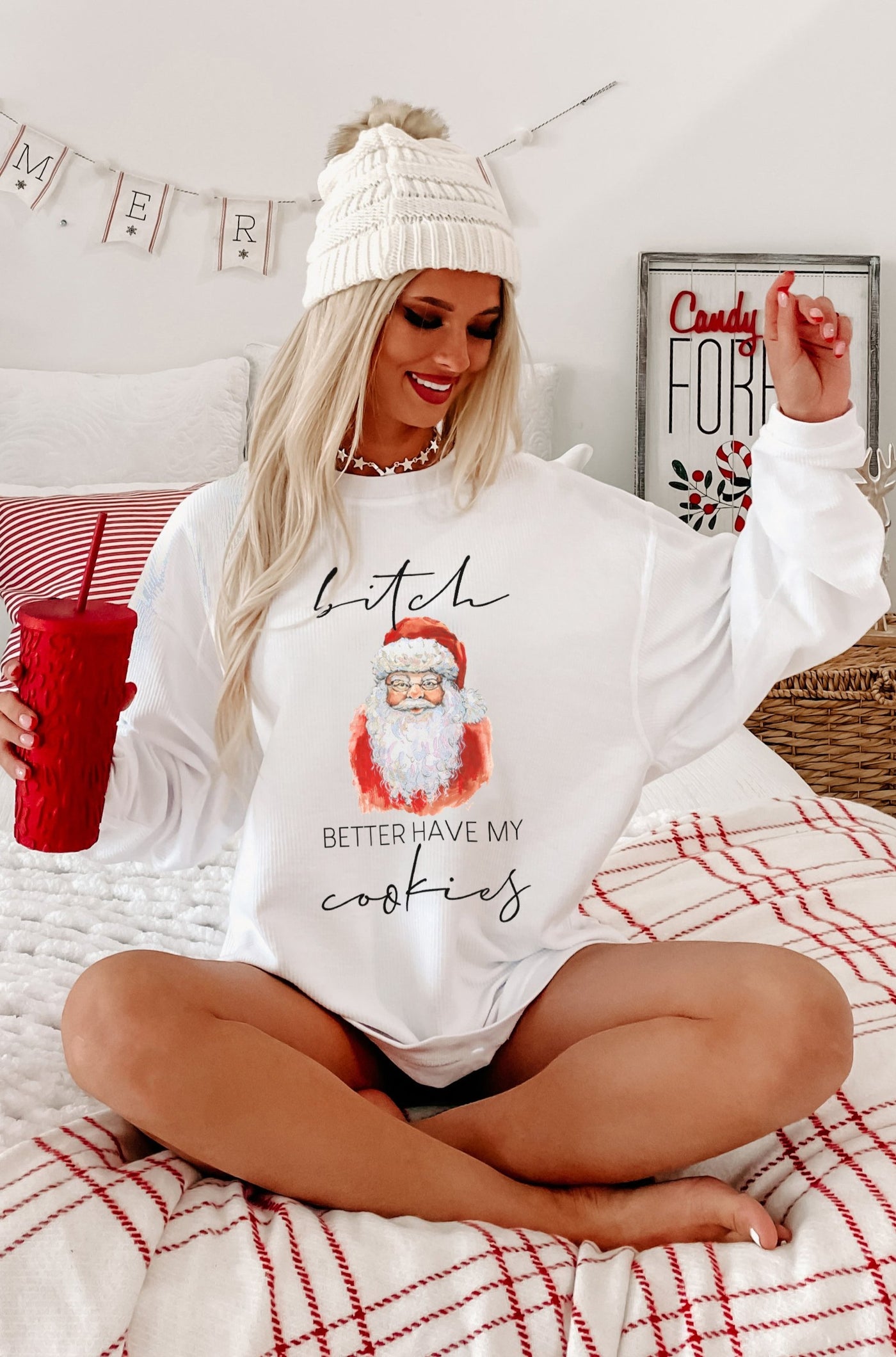 "Better Have My Cookies" Corded Santa Graphic Sweatshirt (White) - Print On Demand - NanaMacs