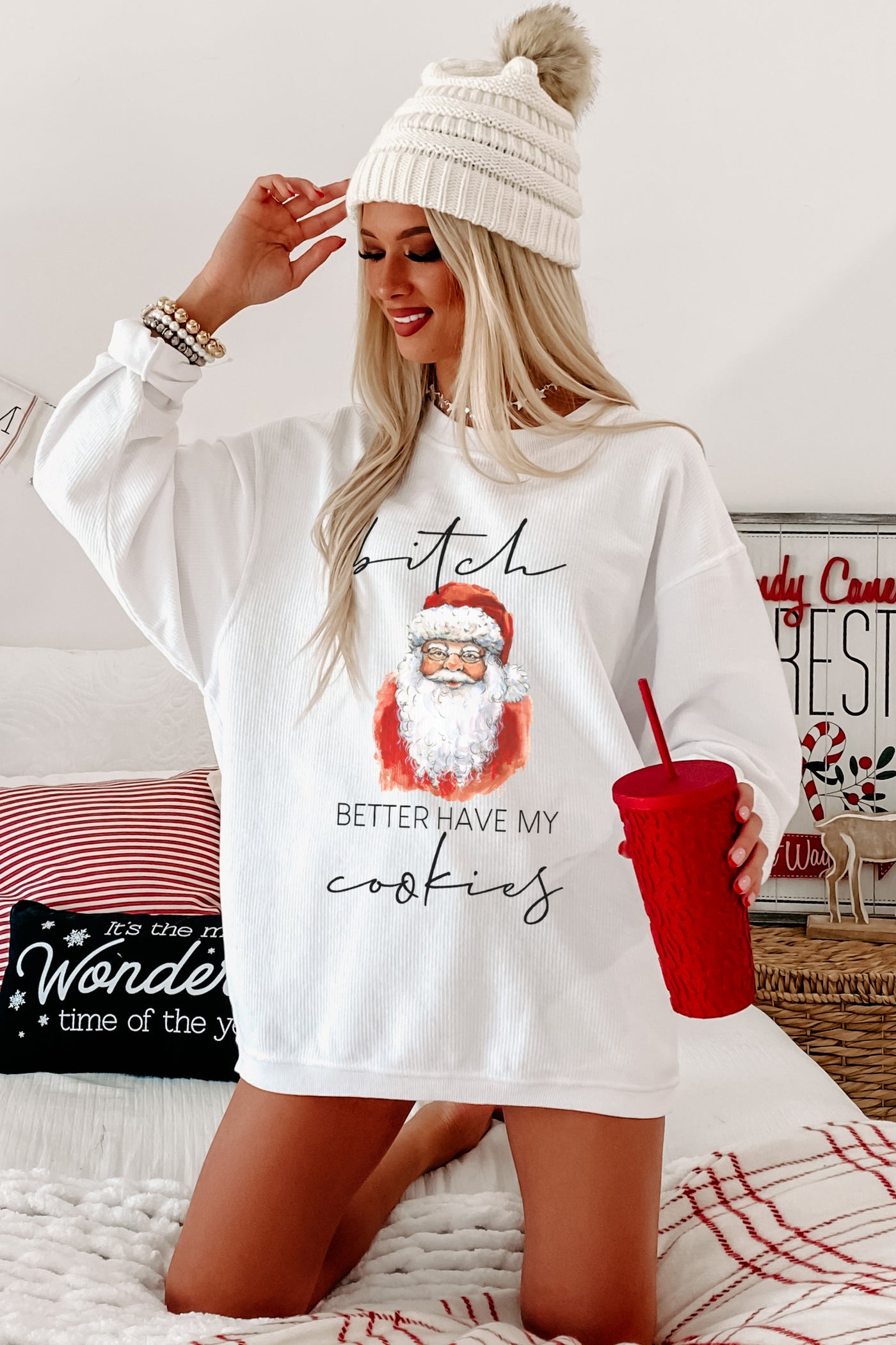 "Better Have My Cookies" Corded Santa Graphic Sweatshirt (White) - Print On Demand - NanaMacs