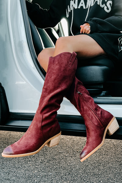 Adalee Faux Suede Knee High Boots (Burgundy) - NanaMacs